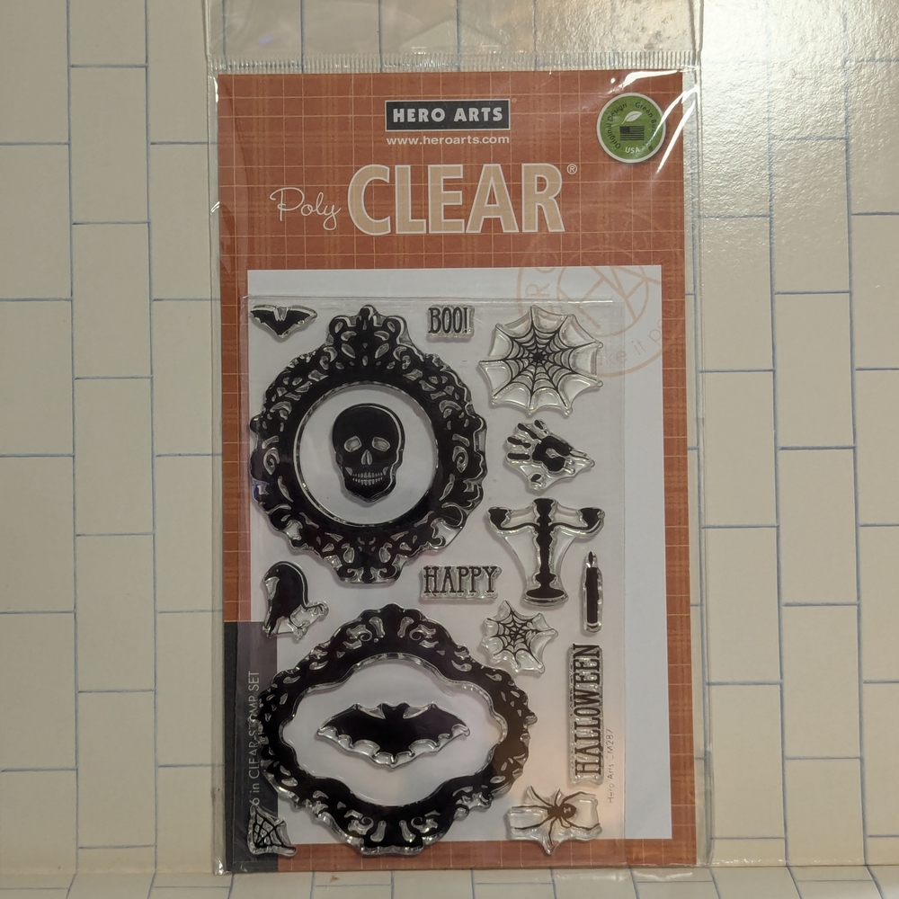 Halloween Mirror Hero Arts Poly Clear Stamp Set, 16 Stamps, Spiders Skulls, Bats